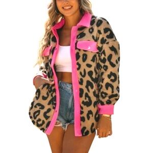 Bibi Neon Pink Oat Leopard Faux Fur Sherpa Buttoned Down Jacket EUC SMALL